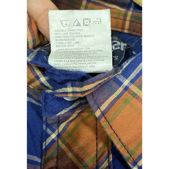 Wrangler Shirt Mens Large Orange Blue Plaid Pearl Western Cowboy Vintage 80s - Picture 14 of 15